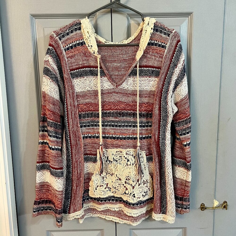 American Rag Boho Crochet Lace Accent Hooded Sweater MultiColor